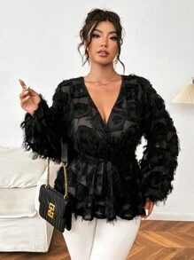 SHEIN Clasi 大码 V 领流苏提花摆腰长袖上衣荷叶边上衣 - 黑色 - 查看 1