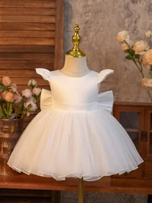 SHEIN Glamorique Kids 女嬰米白色夏季花童優雅白色緞面珍珠網紗洋裝 V領露背可拆式大蝴蝶結 生日婚禮正式派對舞會禮服 - 白色 - 查看 5