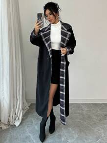 Elenzga Loose Plaid Long Coat, Winter - Black - View 1