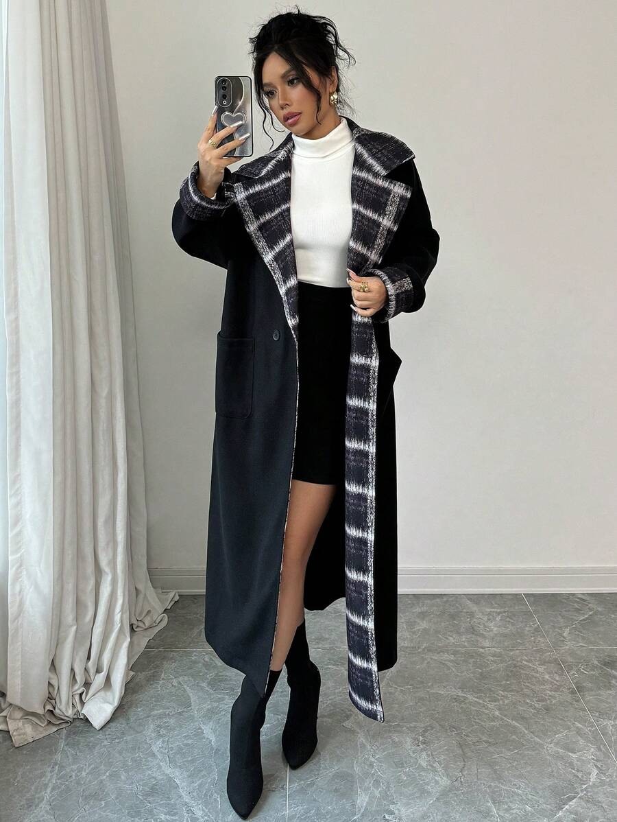 Elenzga Loose Plaid Long Coat, Winter - Black - View 1