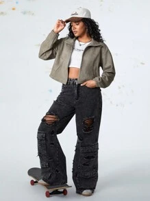 Streetz SHEIN Sport 女士宽松拉链短款瑜伽健身夹克，训练、跑步、秋冬季休闲外套 - 咖啡棕 - 查看 3
