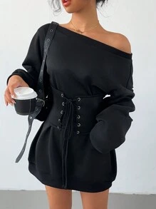 Chiquease 1 Áo nỉ vai chéo cho nữ có dây rút eo có thể tháo rời, áo hoodie dài tay lót nhiệt phong cách tối giản giản dị để mặc hàng ngày - màu đen - Xem 3