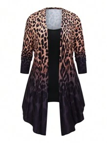 EMERY ROSE Conjunto de 2 piezas de talla grande con chaqueta de estampado degradado de leopardo y camiseta sin mangas de unicolor con pantalones, conjunto casual de otoño - Multicolor - Ver 4