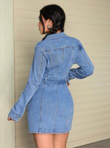 SHEIN EZwear Damen Herbst Einreiher Cargo Tasche Lässig Jeanshemdkleid