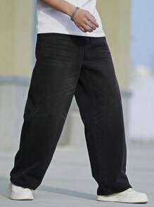 Manfinity Homme Pantalones vaqueros de pierna ancha de unicolor casuales con bolsillos, pantalones vaqueros anchos lisos de gran tamaño lavados negros tipo cargo, para regalos de esposo o novio