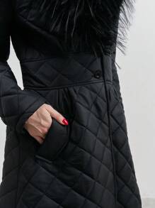 EURMUSE 长款拼接棉衣，带领子，毛皮细节，绗缝面料