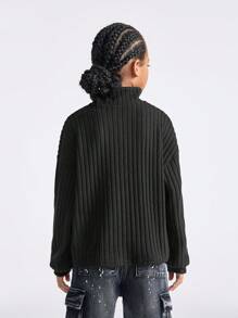 SHEIN Tween 女孩秋冬返校/基本款针织罗纹针织四分之一拉链黑色宽松高领 T 恤 - 黑色 - 查看 2