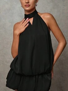 SHEIN BAE Women's Red Cherry Red Solid Color Girlfriends Party/Halloween Outfit/Christmas Outfit/Cocktail Dress/Back To School Season/Birthday Party/Club Party/Chiffon Gathered Sexy Big Backless Balloon Bud Skirt Culottes Style Halter Neck Fashion Mini Dress/Red Mini Skirt/Concert Outfits/Christmas Women Clothes/Halloween Women Costumes