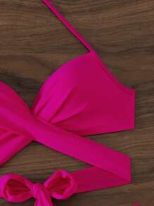Swim Mod Summer Beach Women's Solid Color Simple Wireless Bikini Set - Hot Pink - View 6