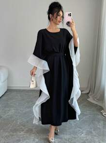 Rafferiza Women's Round Neck Long Sleeve Loose Spliced Organza Ruffled Hem Colorblock Cinched Waist Elegant Long Casual Dress Maxi Women Outfit