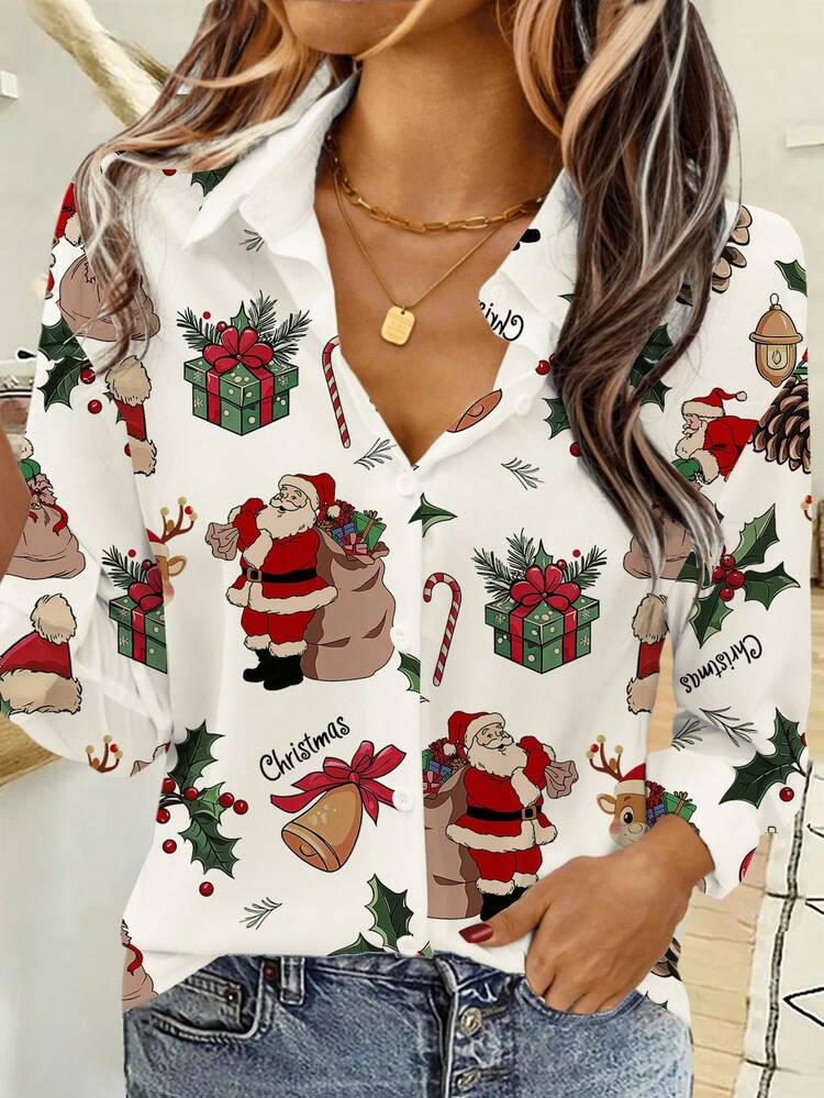Casual Minimalist Christmas Element Graphic Loose Button-Down Shirt, Long Sleeve For Women, Suitable For Autumn And Winter