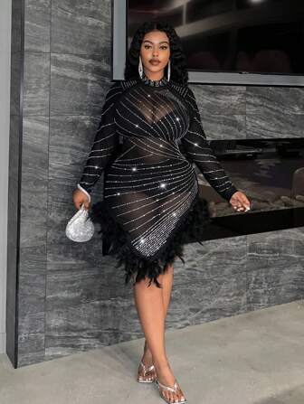 Slaydiva Luxury Sexy Party Plus Size Women's Rhinestone & Feather Splice High Slit Bodycon Mini Dress