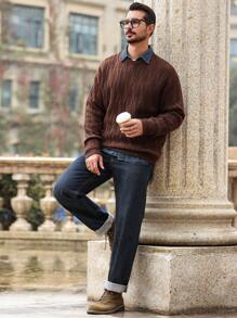 Manfinity Homme Men's Round Neck Drop Shoulder Casual Brown Sweater, Autumn/Winter - Brown - View 6