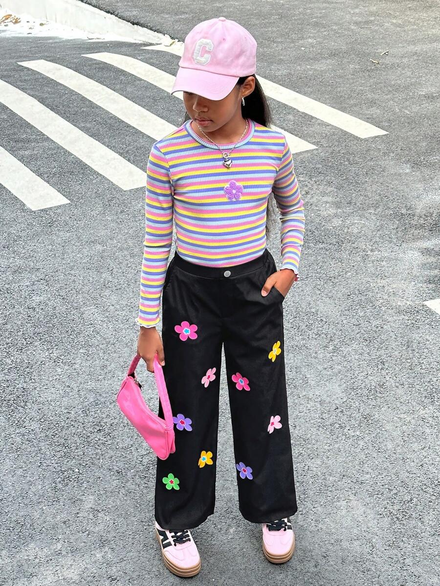 SHEIN 2 pièces Ensemble de Top à manches longues en tricot à encolure ronde rayé et pantalon droit pour filles pré-adolescentes, style de rue - Multicolore - Voir 1