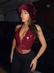 SHEIN ICON Lace Up Front PU Leather Halter Red Top