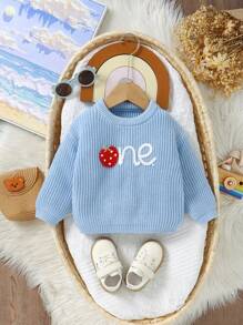 1pc Baby Girl Cute Embroidered Strawberry Graphic Knitted Sweater, Classic Sweet Design Round Neck Long Sleeve Top, Princess Casual Outdoor Outfit - Blue - View 1