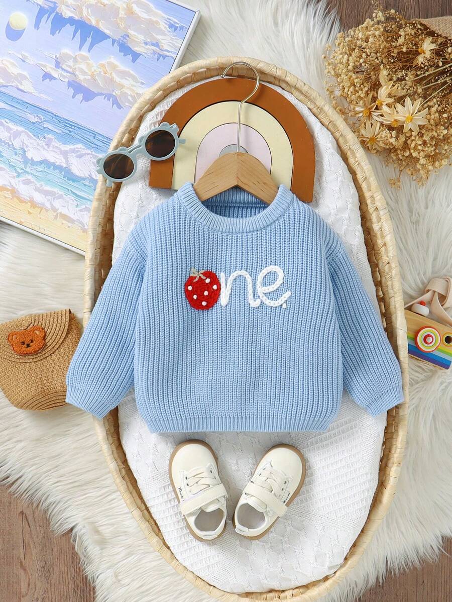 1pc Baby Girl Cute Embroidered Strawberry Graphic Knitted Sweater, Classic Sweet Design Round Neck Long Sleeve Top, Princess Casual Outdoor Outfit - Blue - View 1