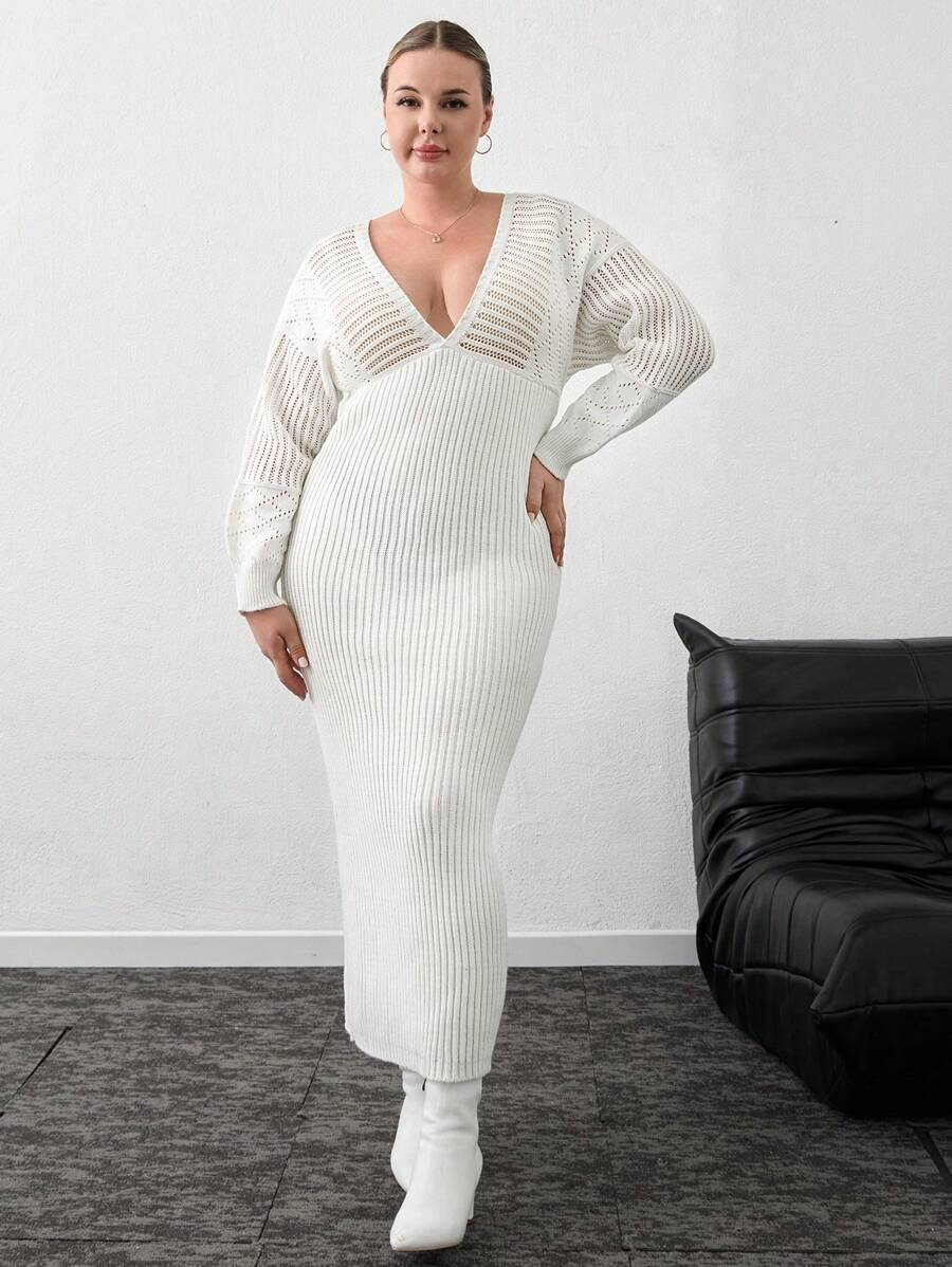 RueChic Plus Deep V Neck Bodycon Maxi Sweater Dress - White - View 1