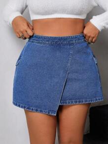 SHEIN ICON Plus Size Casual Washed Asymmetric Utility Denim Skirt