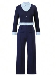 Conjunto de 2 piezas para niñas preadolescentes: Blusa con cuello y pantalones formales, estilo elegante universitario - Azul Marino - Ver 1