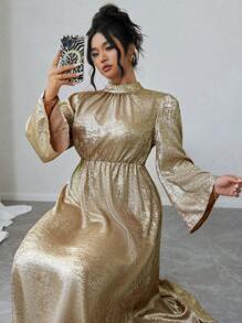 Celure Plus Size Elegant Metallic Flared Sleeve Dress, Autumn For New Year Holiday Party Clothes Maxi Women Outfit