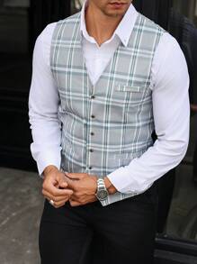 Manfinity Bizformal Men's V-Neck Single-Breasted Casual Plaid Vest