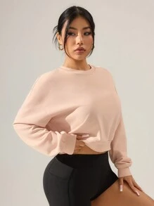 Women Solid Color Round Neck Long Sleeve Casual Sweatshirt - Apricot - View 3