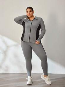 Easithlete Plus Size Color Block Zipper Cardigan I Legginsy Zestaw Sportowy Garnitur, Jesień