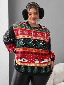 SHEIN CURVE+ Maglione natalizio con maniche lunghe in pile, taglie comode e morbide, per donna, adatto per autunno/inverno