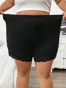 SHEIN CURVE+ Plus Size Women's Lace Patchwork Leggings And Shorts (2 Pieces Set) - Black - View 7