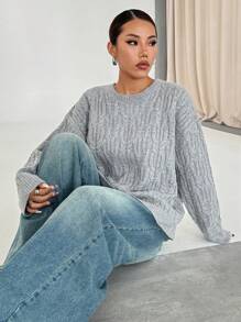 Flirla Women Casual Solid Color Drop Shoulder Loose Cable Knit Pullover Sweater, Autumn/Winter Knit Pullover Fall Outfit