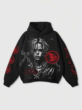 Street Life Herren Lässige Fleece Kapuzensweatshirts mit Charakter- und Buchstaben-Muster, Herbst/Winter