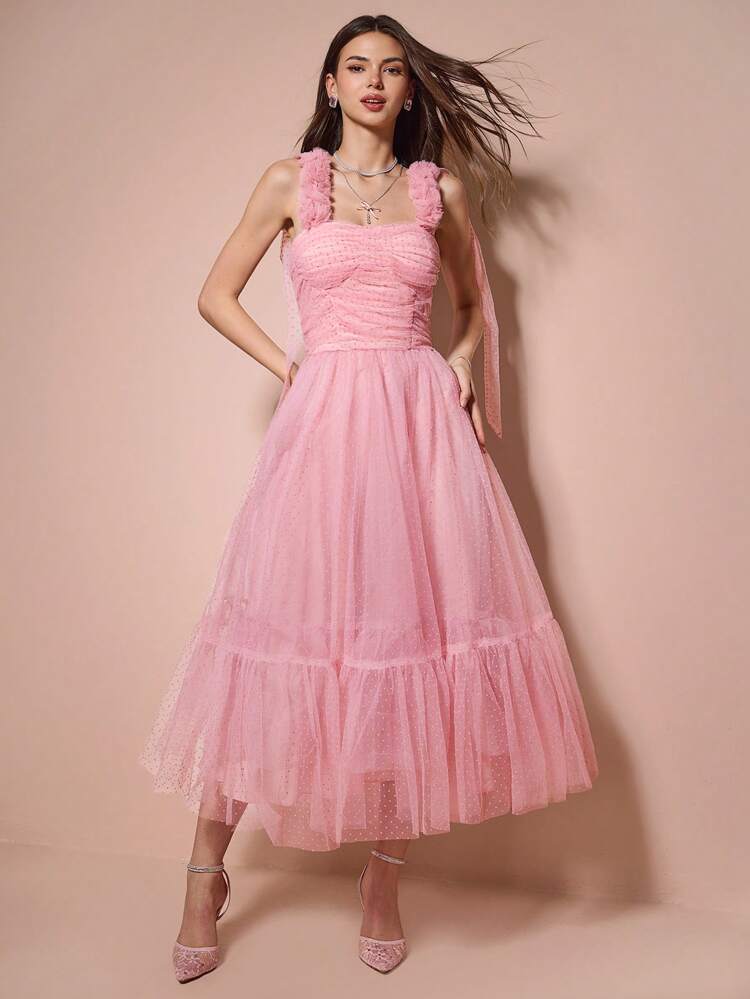 Autumn/Winter Romantic Women's Pink 3D Flower Decor Maxi Length Sweetheart Elegant  Ruffle Hem Mesh Princess Dress,For Halloween&Christmas Party