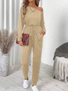 SHEIN LUNE 1 pièce Combinaison décontractée à manches longues de couleur unie avec col asymétrique et poche