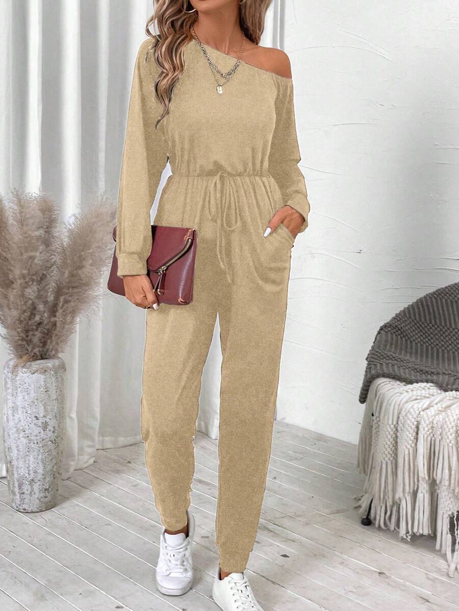 SHEIN LUNE 1 pièce Combinaison décontractée à manches longues de couleur unie avec col asymétrique et poche