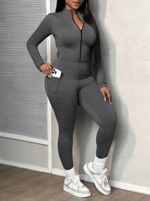 Slaydiva Casual Solid Grey Structured Contour Rib Zip Jumpsuit, Fall/Winter
