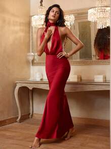 Opulessa Christmas Fancy Party Outfits,SEXY Outfits,Burgundy Red,1pc Women Solid Color Woven Halter-Neck Backless Bodycon Dress, Vacation Style,Dress - Red - View 6