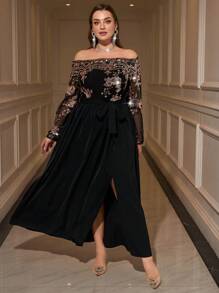 Gownix Elegantes Kleid in großen Größen mit Pailletten und Mesh-Einsätzen an der Schulter, für den Herbst