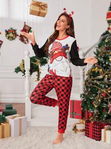SHEIN Women&Girls Simple Christmas Theme Graphic Long Sleeve Top And Pants Matching Casual Lounge Set, Comfortable Home Outfit