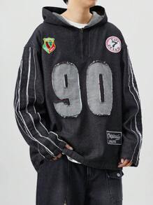 ROMWE MEN Prep Men's Jersey Casual Patchwork Denim Hooded Long Sleeve Sweatshirt, Street Chic Versatile