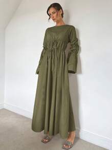 Siren Gaze 新款秋季女士褶皱系腰超长灯笼袖 A 字长款休闲连衣裙，宽松舒适，适合秋冬季 - 橄欖綠 - 查看 5