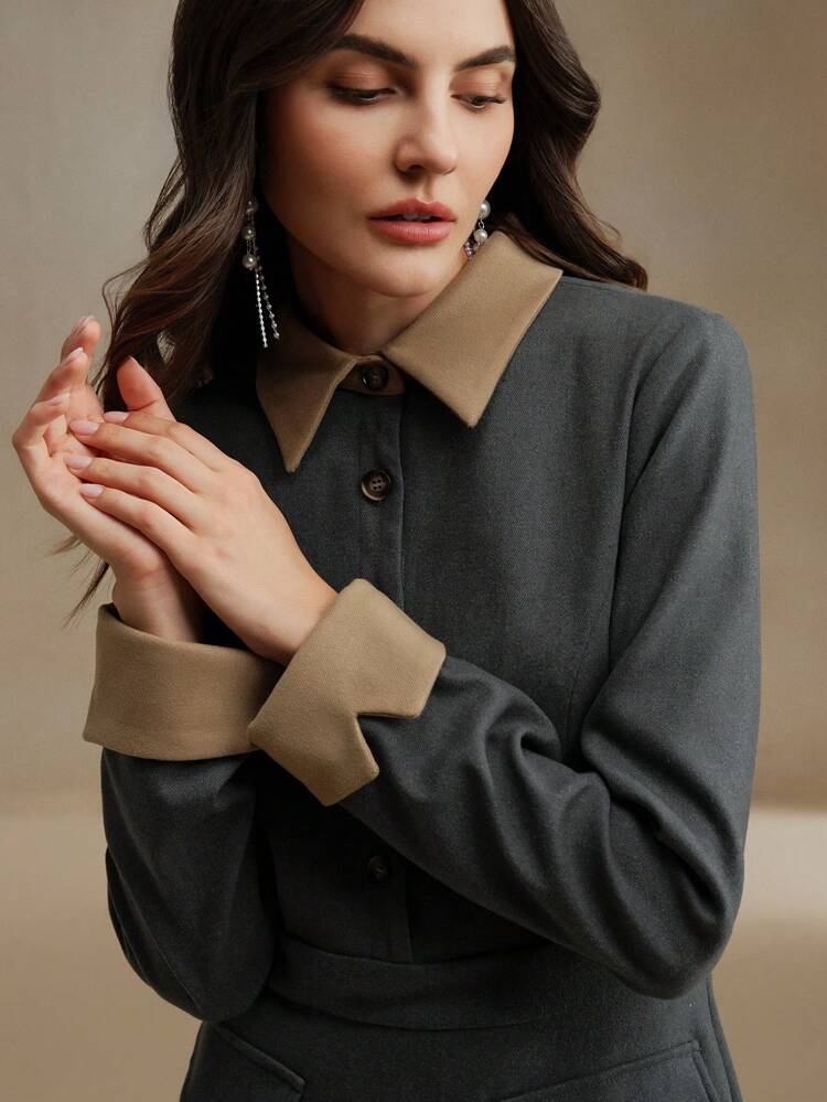 Elegant Contrast Color Faux Pocket Design Woolen Dress With Collar And Sleeve Details, For Women, Autumn