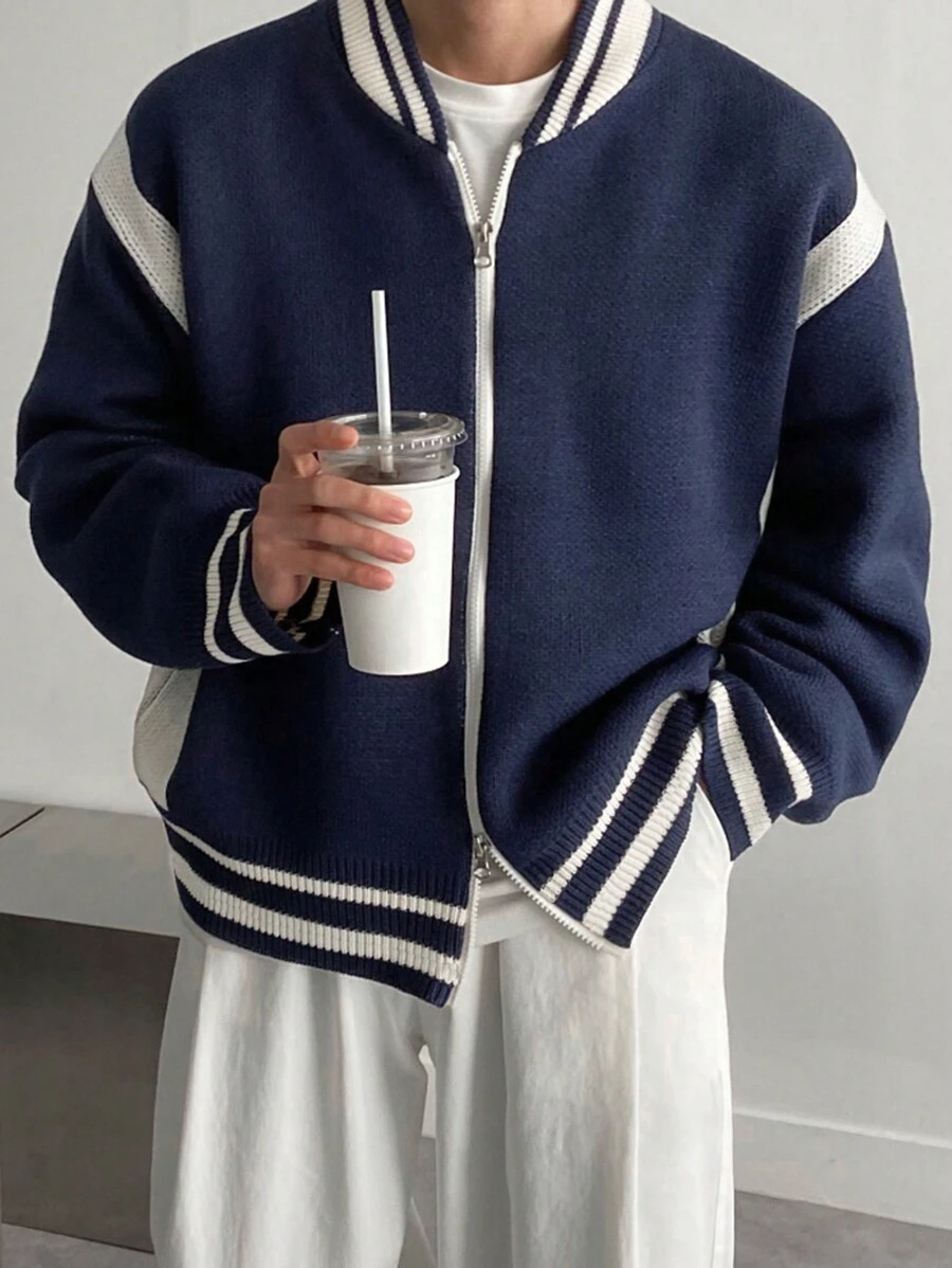 DAZY Men's Autumn Contrast Color Stripe Print Baseball Collar Zip-Up Long Sleeve Cardigan Jacket - Blue and White - View 1