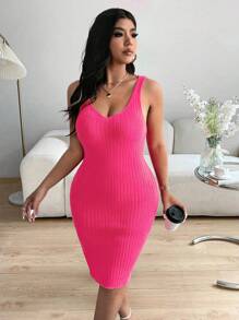 SHEIN Clasi Váy len bó sát không tay màu trơn thanh lịch cỡ lớn cho nữ mùa thu - Màu Hồng Tươi - Xem 4
