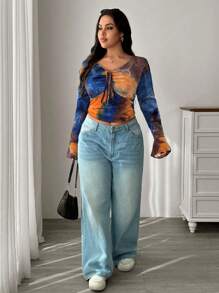SHEIN EZwear Plus Size Tie-Dye T-Shirt With Pleated Bell Sleeves, Casual Style For Early Autumn
