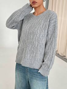 Flirla Women Casual Solid Color Drop Shoulder Loose Cable Knit Pullover Sweater, Autumn/Winter Knit Pullover Fall Outfit