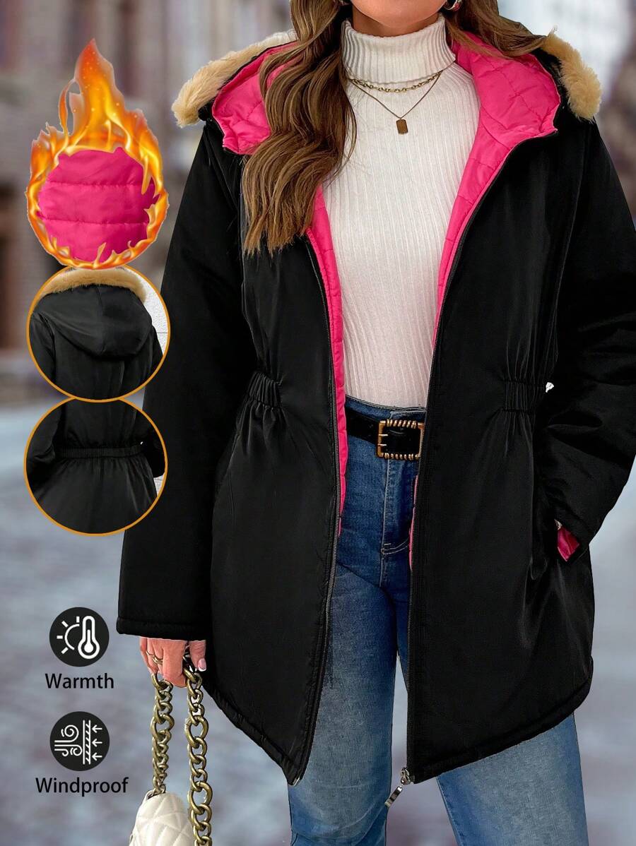 SHEIN LUNE Plus Size Fluffy Patchwork Hooded Long Sleeve Padded Padded Coat, Winter Clothes Fall Cloth For Women - Black - View 1