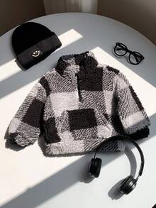 SHEIN 男婴秋冬休闲复古毛绒领拉链卫衣外套，可爱格子图案，适合日常穿着 - 黑色 - 查看 7