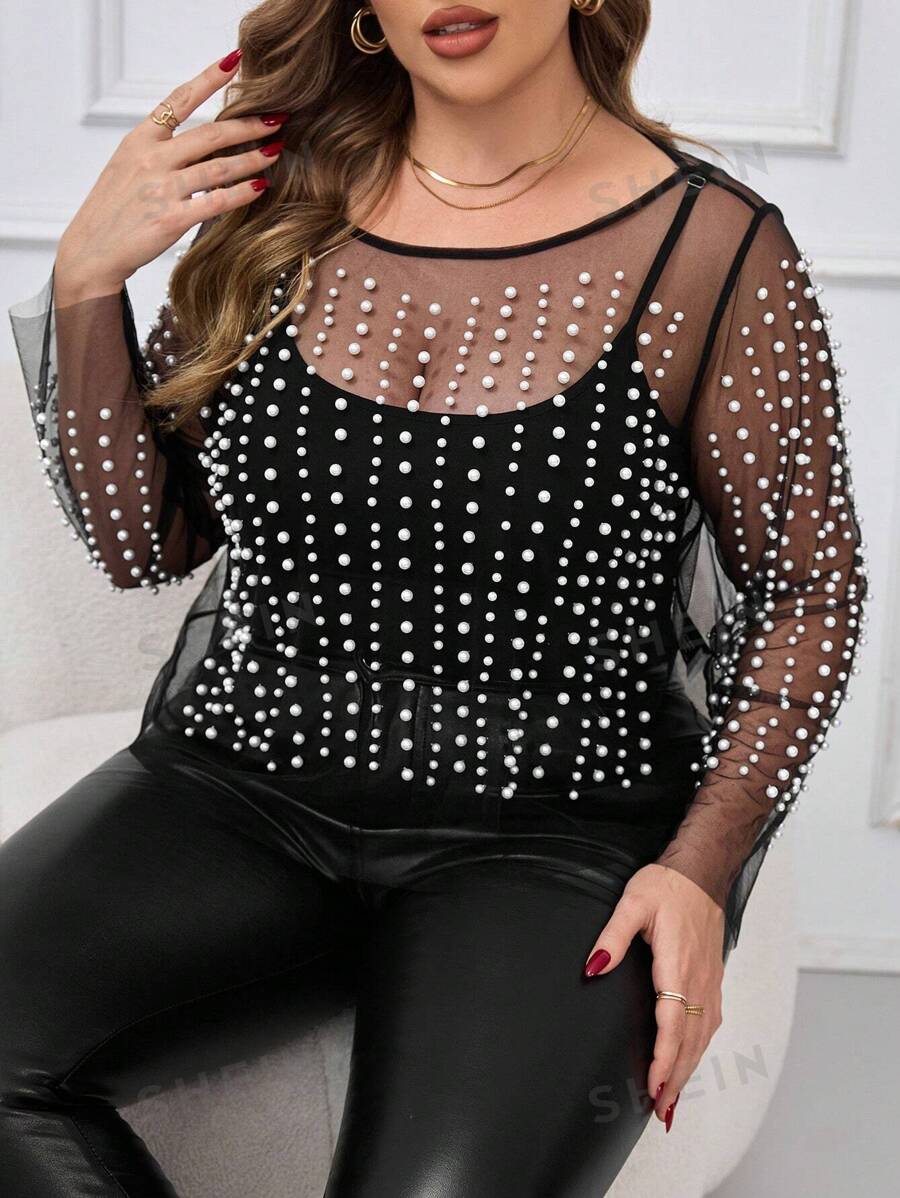 SHEIN Clasi Blusa blanca elegante de encaje y cuentas para mujer de talla grande para fiestas