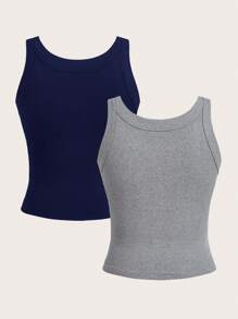 SHEIN Essnce 女士批发 2 件加厚罗纹上衣，纯色矫正无袖分层内衣背心 - 彩色 - 查看 2